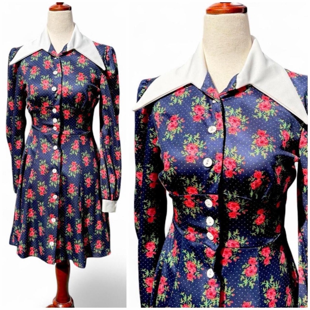 Vintage 70s Floral Print Dagger Collar Mini Dress